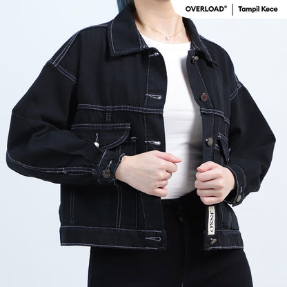 JINISO Jaket Crop Jeans Oversize Vintage Pocket Black Oreo