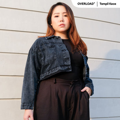 JINISO Big Size Jaket Crop Jeans Oversize Pocket Black Acid