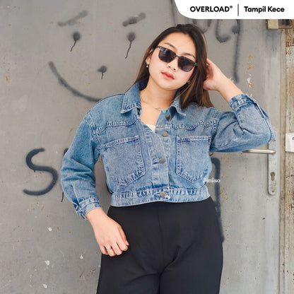 JINISO Big Size Jaket Crop Jeans Oversize Pocket Blue Acid