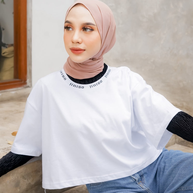 JINISO Oversize Crop Top Round Neck White T-Shirt