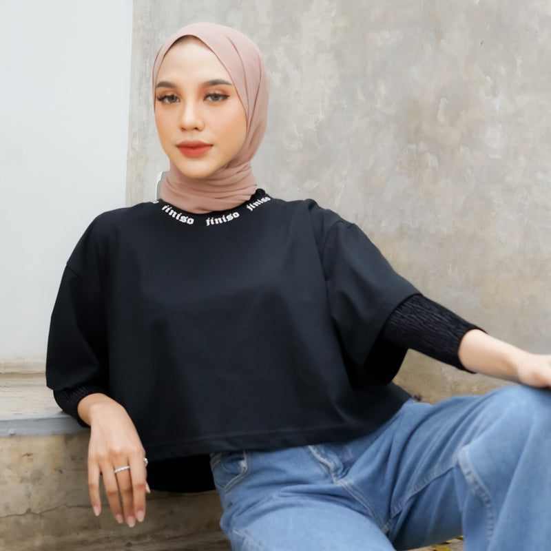 JINISO Oversize Crop Top Round Neck Black T-Shirt