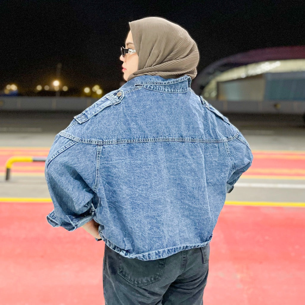 JINISO Jaket Crop Jeans Oversize Blue Acid