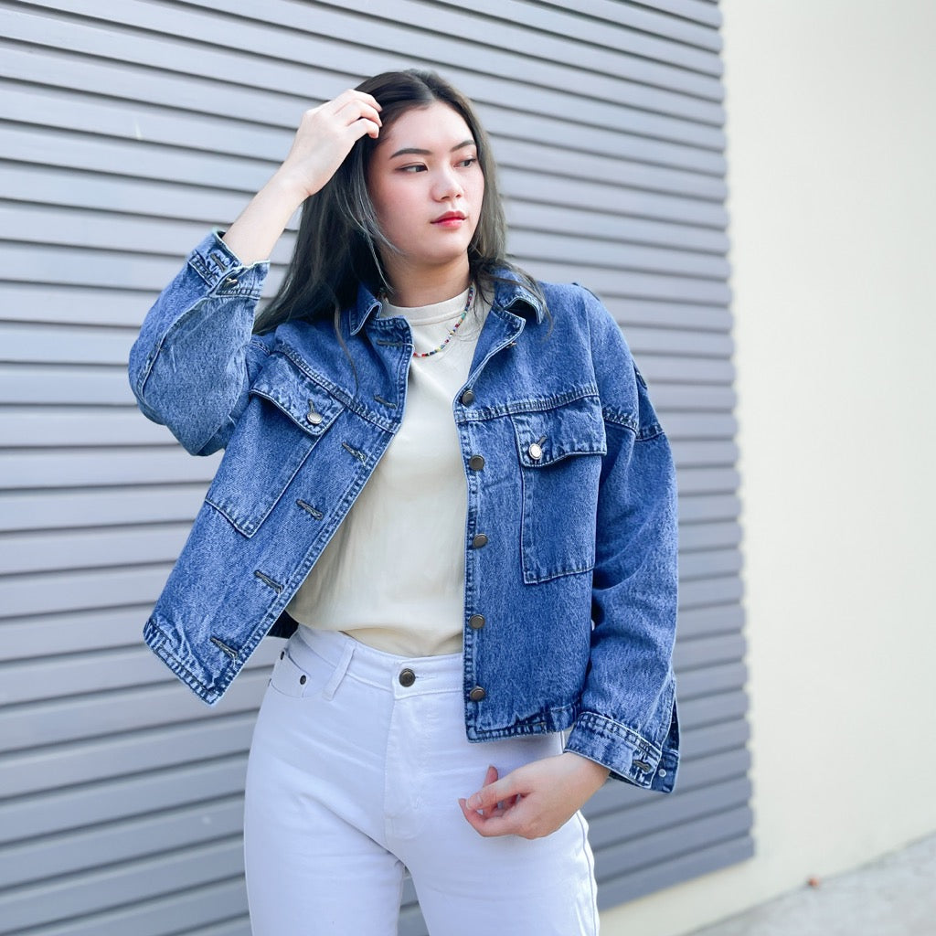 JINISO Jaket Crop Jeans Oversize Blue Acid