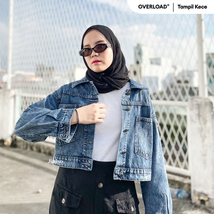 JINISO Jaket Crop Jeans Oversize Pocket Blue Acid