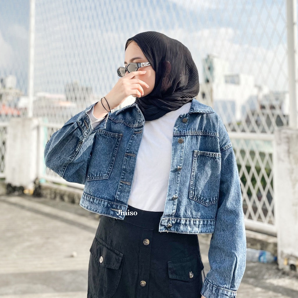 JINISO Jaket Crop Jeans Oversize Pocket Blue Acid