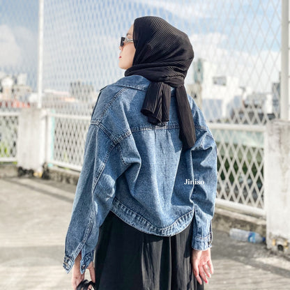 JINISO Jaket Crop Jeans Oversize Pocket Blue Acid