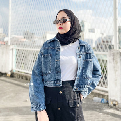 JINISO Jaket Crop Jeans Oversize Pocket Blue Acid