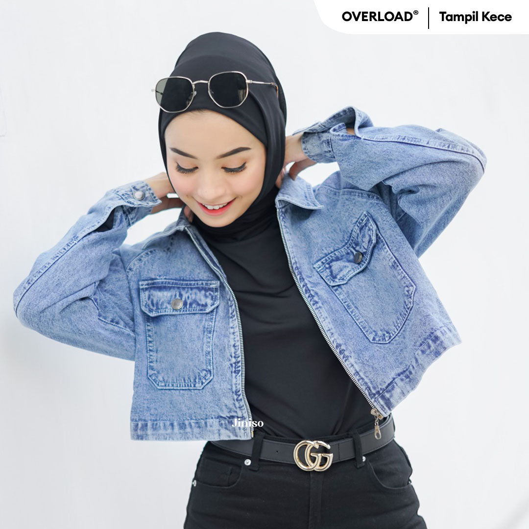 JINISO Jaket Crop Jeans Oversize Pocket Zip Blue Acid