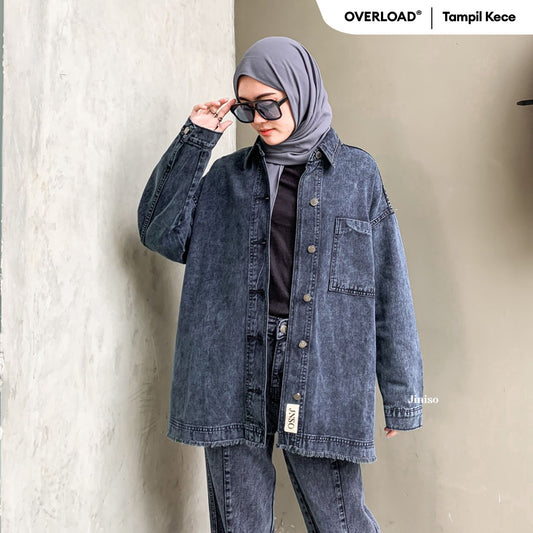 JINISO Jaket Jeans Oversize Basic Pocket Black Acid