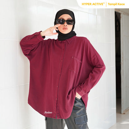 JINISO Kemeja Oversize Shirt Maroon Vibe HYPER ACTIVE