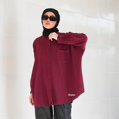 JINISO Kemeja Oversize Shirt Maroon Vibe HYPER ACTIVE