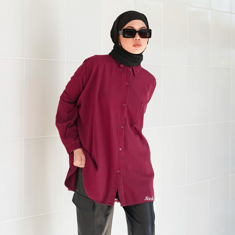 JINISO Kemeja Oversize Shirt Maroon Vibe HYPER ACTIVE