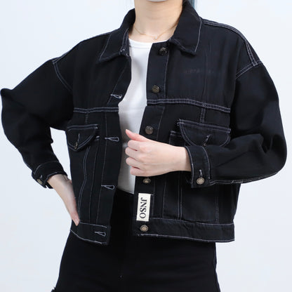 JINISO Jaket Crop Jeans Oversize Vintage Pocket Black Oreo