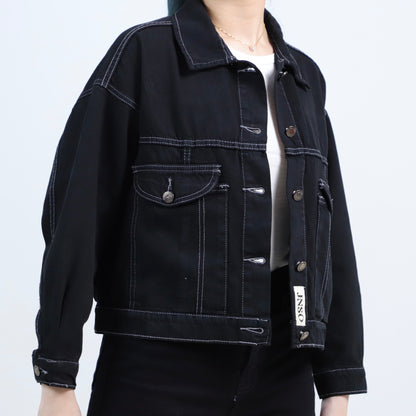 JINISO Jaket Crop Jeans Oversize Vintage Pocket Black Oreo