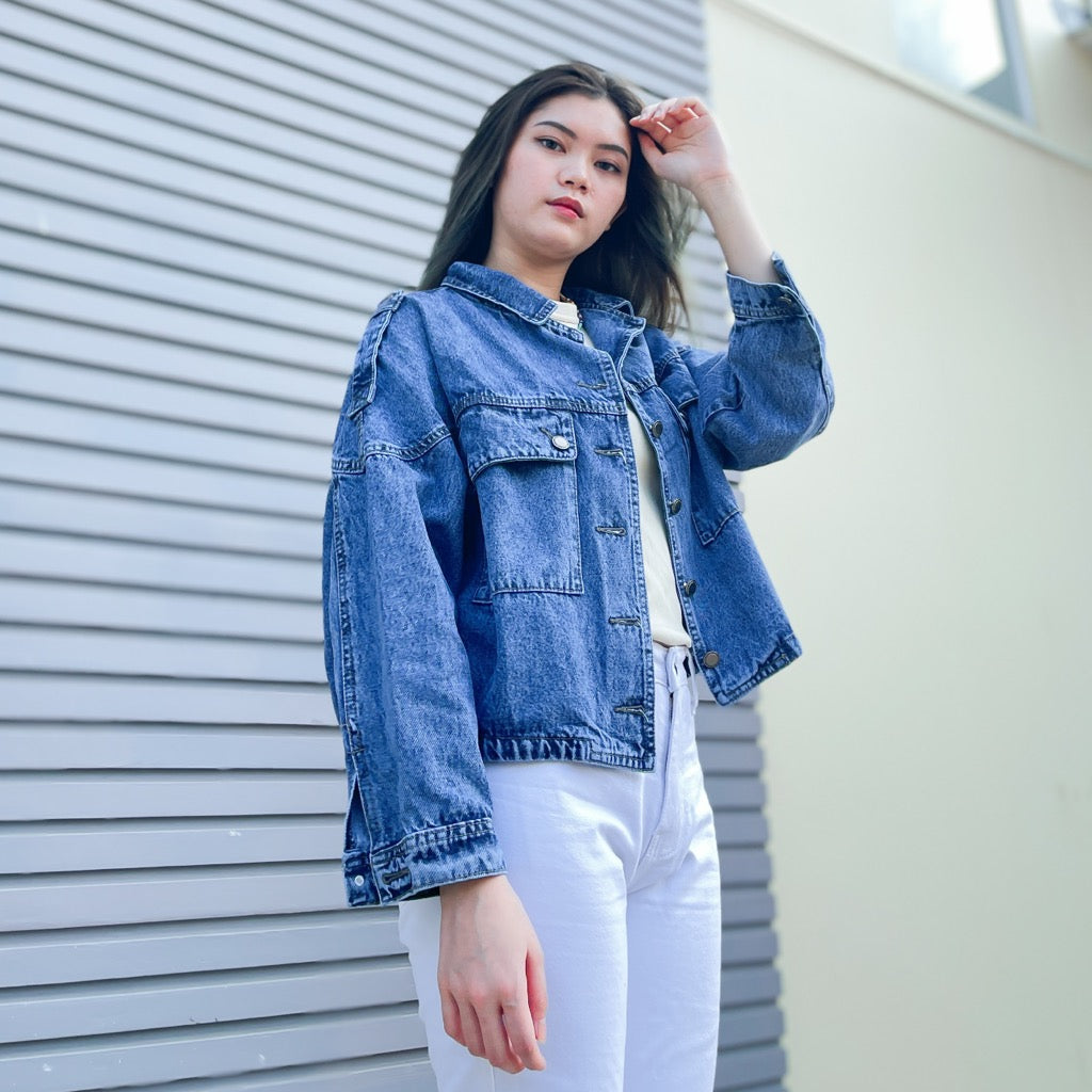 JINISO Jaket Crop Jeans Oversize Blue Acid