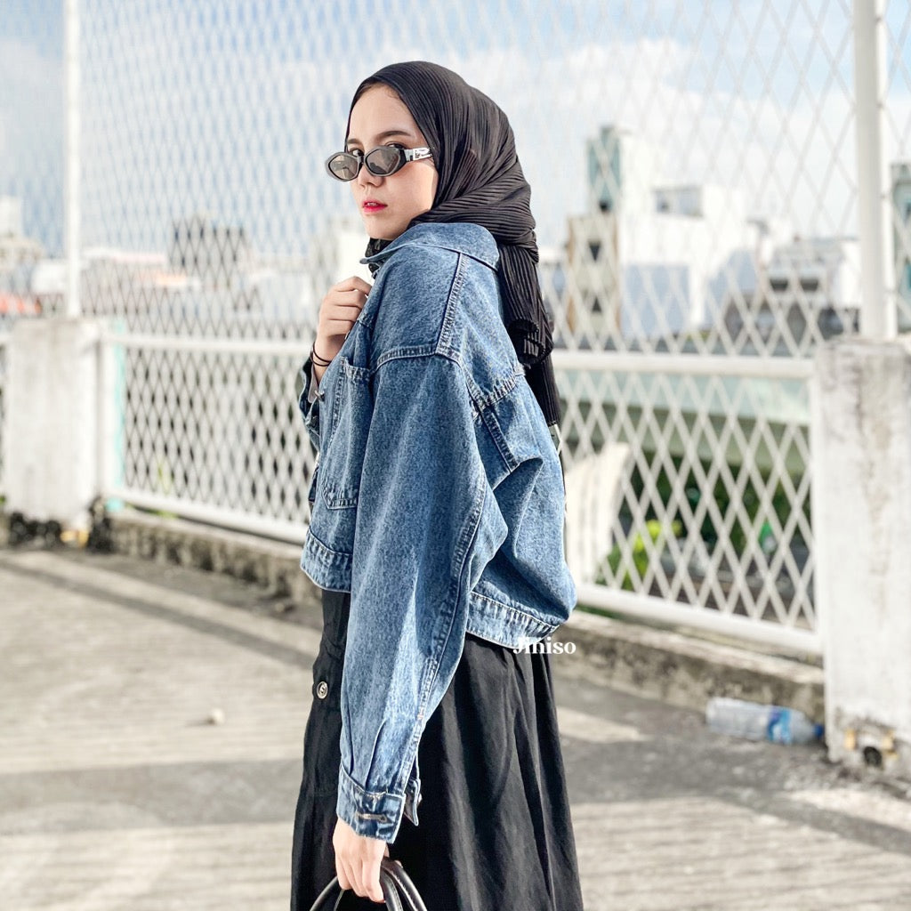 JINISO Jaket Crop Jeans Oversize Pocket Blue Acid