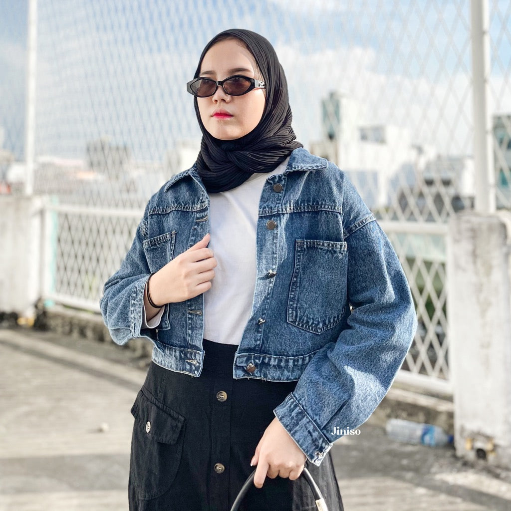 JINISO Jaket Crop Jeans Oversize Pocket Blue Acid