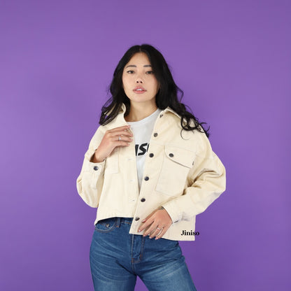 JINISO Jaket Crop Jeans Oversize Pocket Khaki