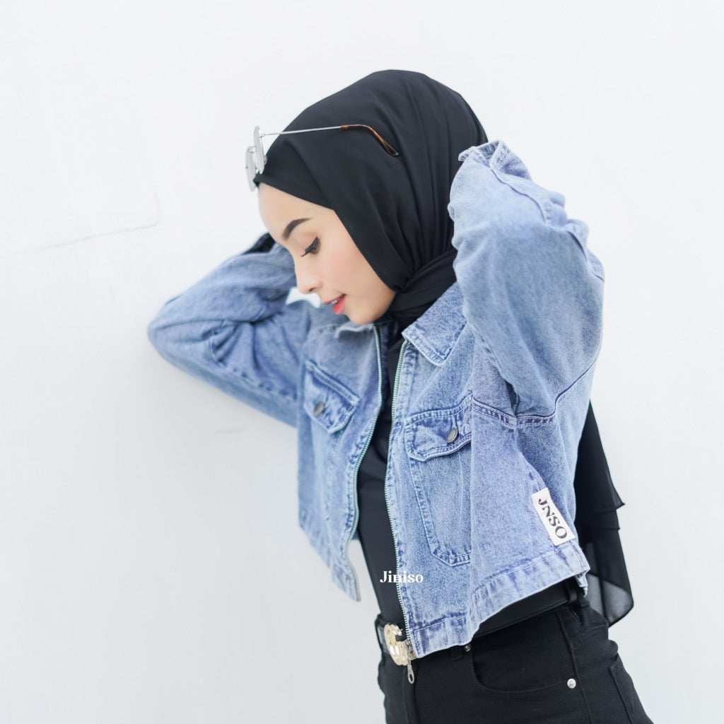 JINISO Jaket Crop Jeans Oversize Pocket Zip Blue Acid