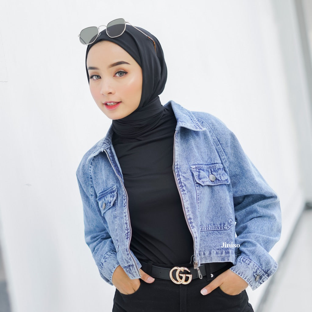 JINISO Jaket Crop Jeans Oversize Pocket Zip Blue Acid