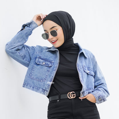 JINISO Jaket Crop Jeans Oversize Pocket Zip Blue Acid